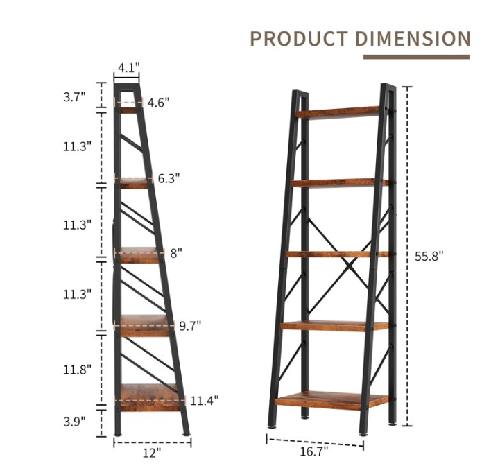 Walsunny Ladder Bookshelf Organizer, Solid Rubberwood Frame, Espresso Finish, 16.7" D x 12" W x 55.8" H