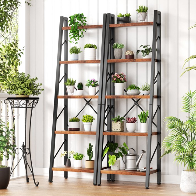 Walsunny Ladder Bookshelf Organizer, Solid Rubberwood Frame, Espresso Finish, 16.7" D x 12" W x 55.8" H