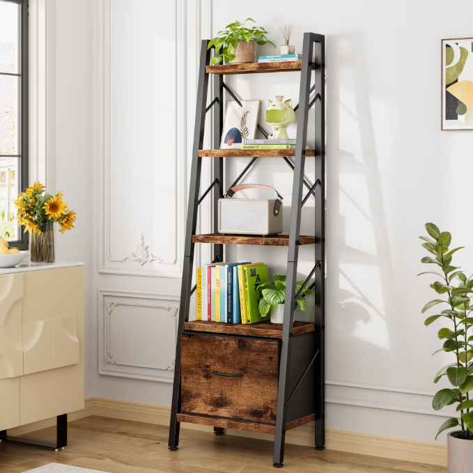 Walsunny Ladder Bookshelf Organizer, Solid Rubberwood Frame, Espresso Finish