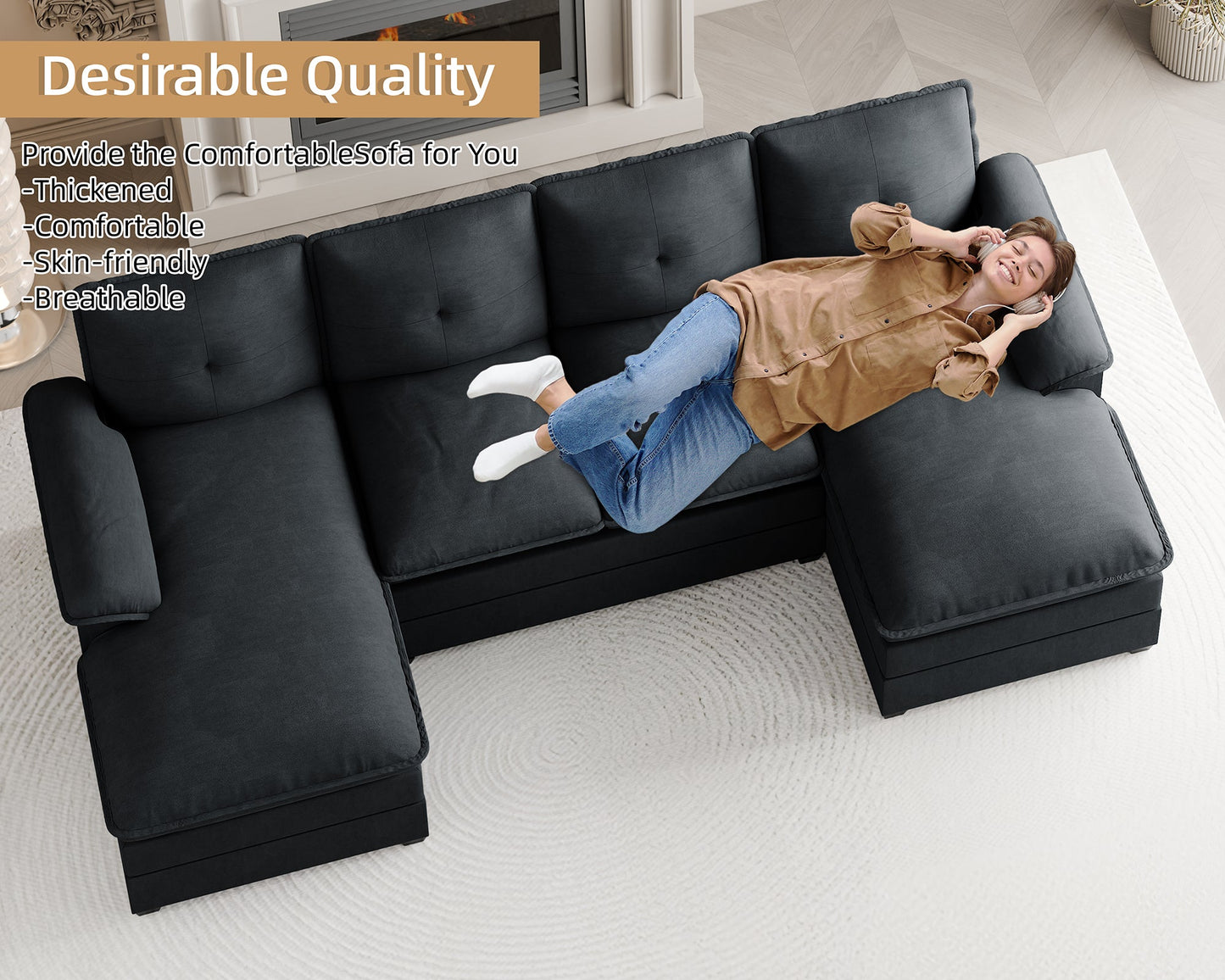 WALSUNNY 109'' U-shaped Sectional cloud-like Sofa Couches #color_black