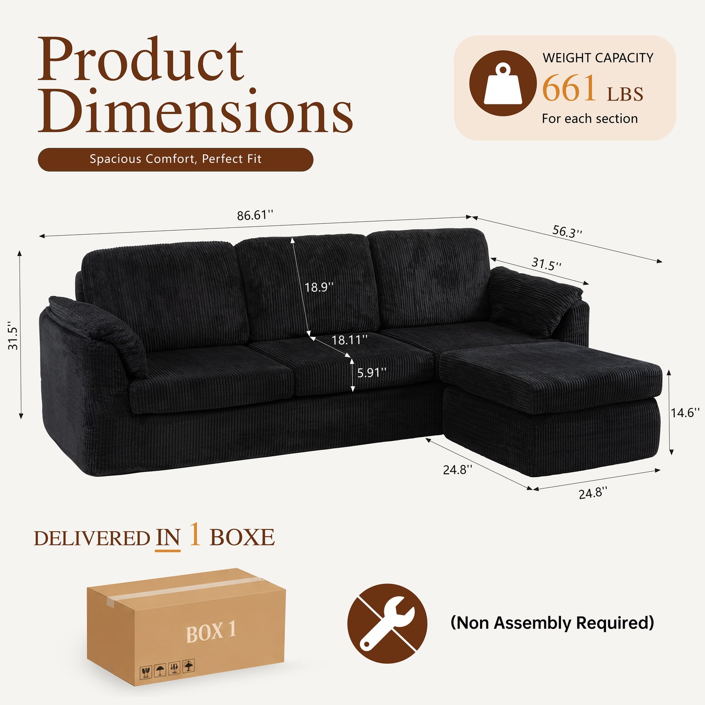 Walsunny Sectional Sofa with Storage Chaise and Ottoman, 3 Seat L-shaped Sofa Couch, Modern Soft Fabric Modular Sofa for Living Room