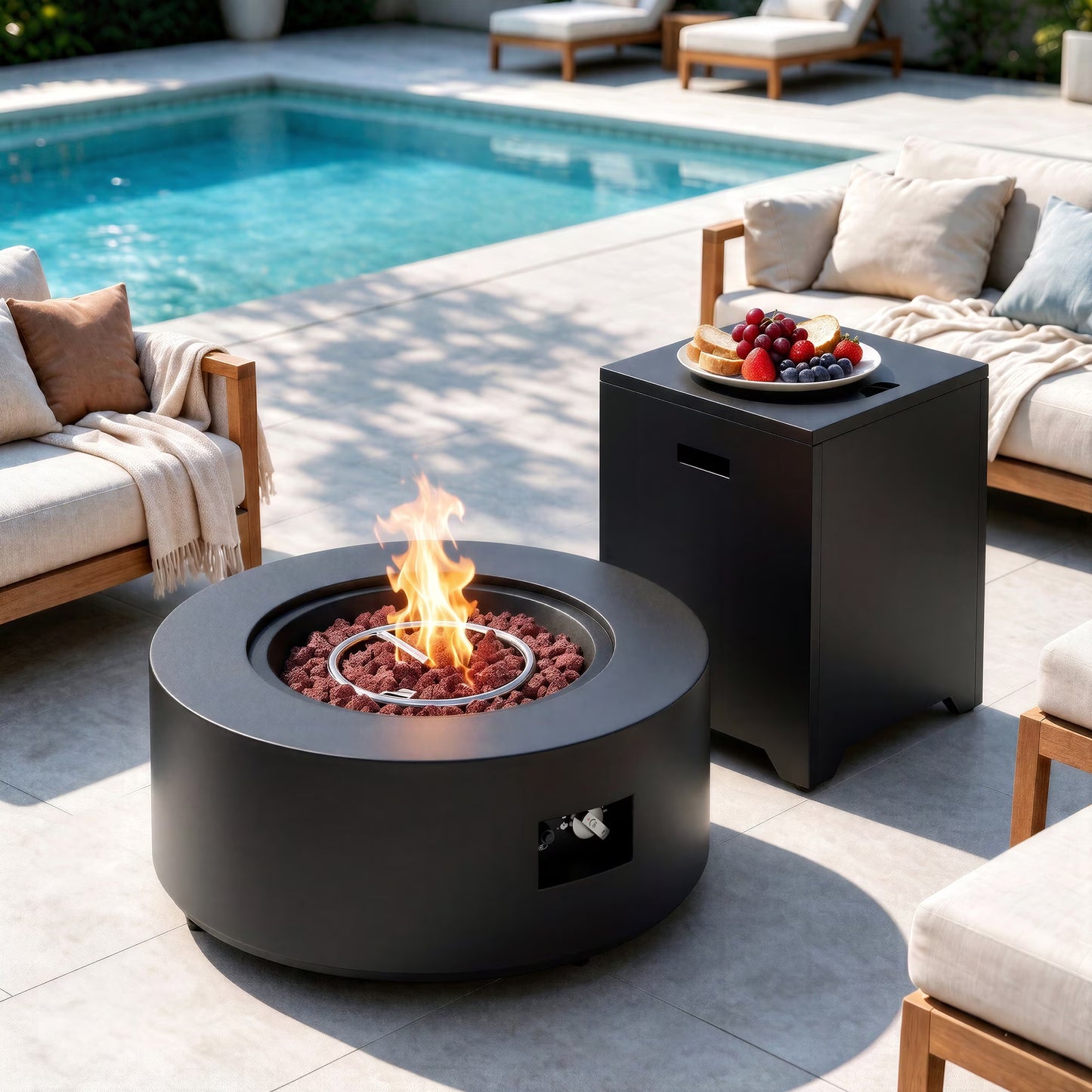 Walsunny 30"Rround Fire Pit with Tank,2 in 1 Propane Fire Pit Table,50,000 BTU, Adjustable Legs for Backyard, Garden,Pool,Balcony,Black