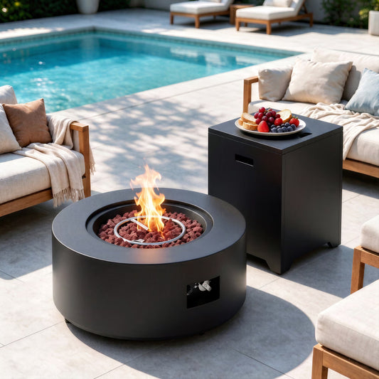 Walsunny 30"Rround Fire Pit with Tank,2 in 1 Propane Fire Pit Table,50,000 BTU, Adjustable Legs for Backyard, Garden,Pool,Balcony,Black