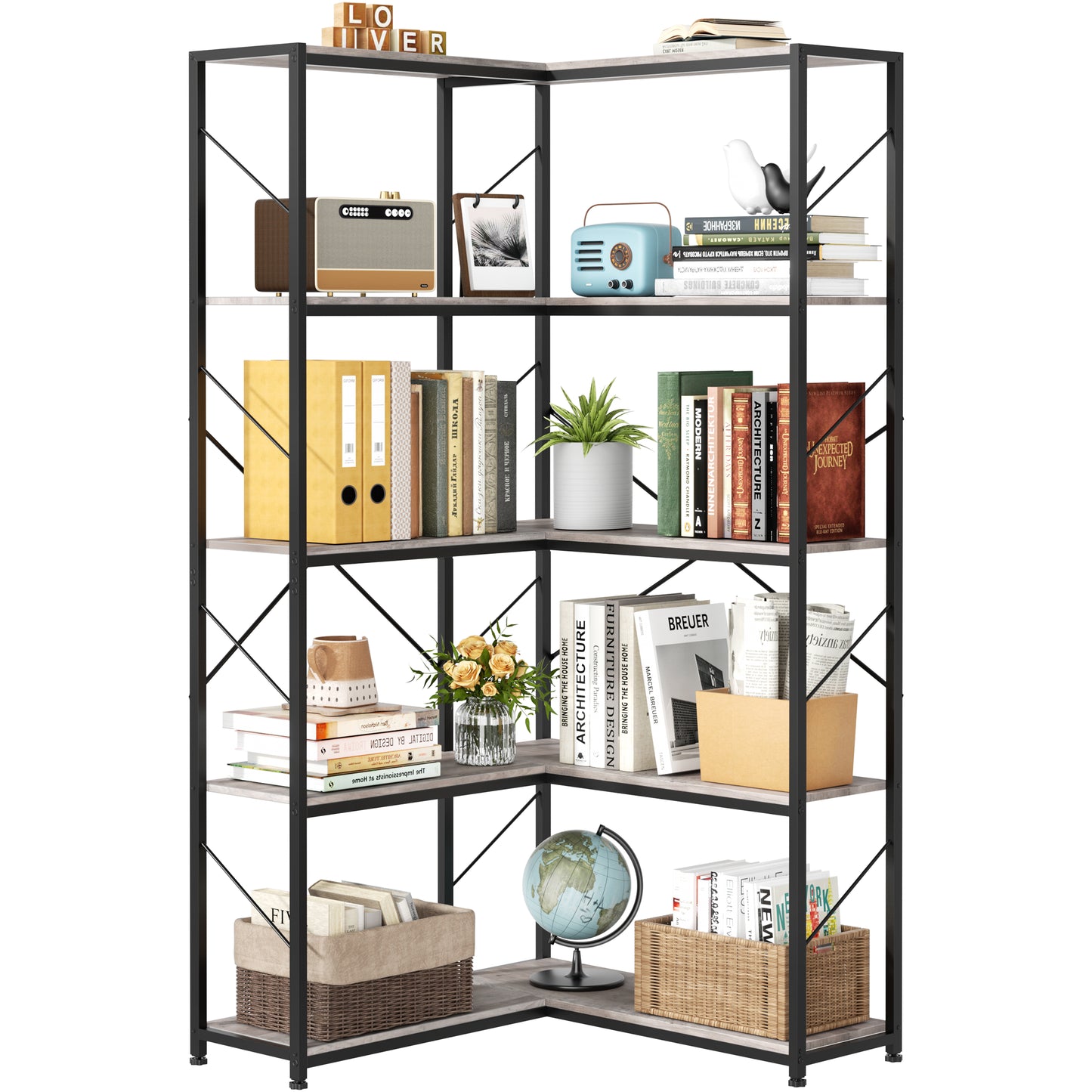 Walsunny Corner Bookshelves Bookcases 5 Tier L Shaped Wood Bookshelf with Metal Frame Display Rack