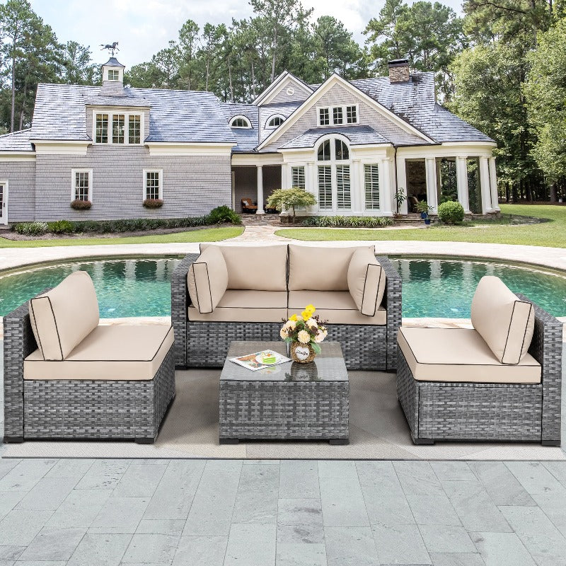 Walsunny Patio Furniture 5 Pieces Outdoor Sectional Sofa Set, Silver Wicker#color_khaki