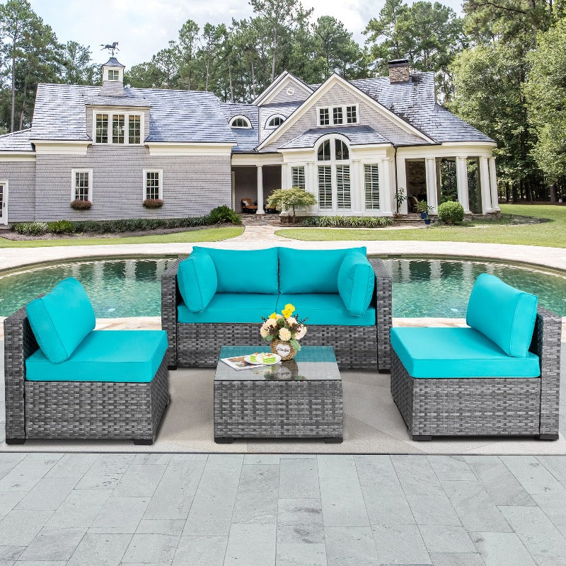 Walsunny Patio Furniture 5 Pieces Outdoor Sectional Sofa Set, Silver Wicker#color_blue