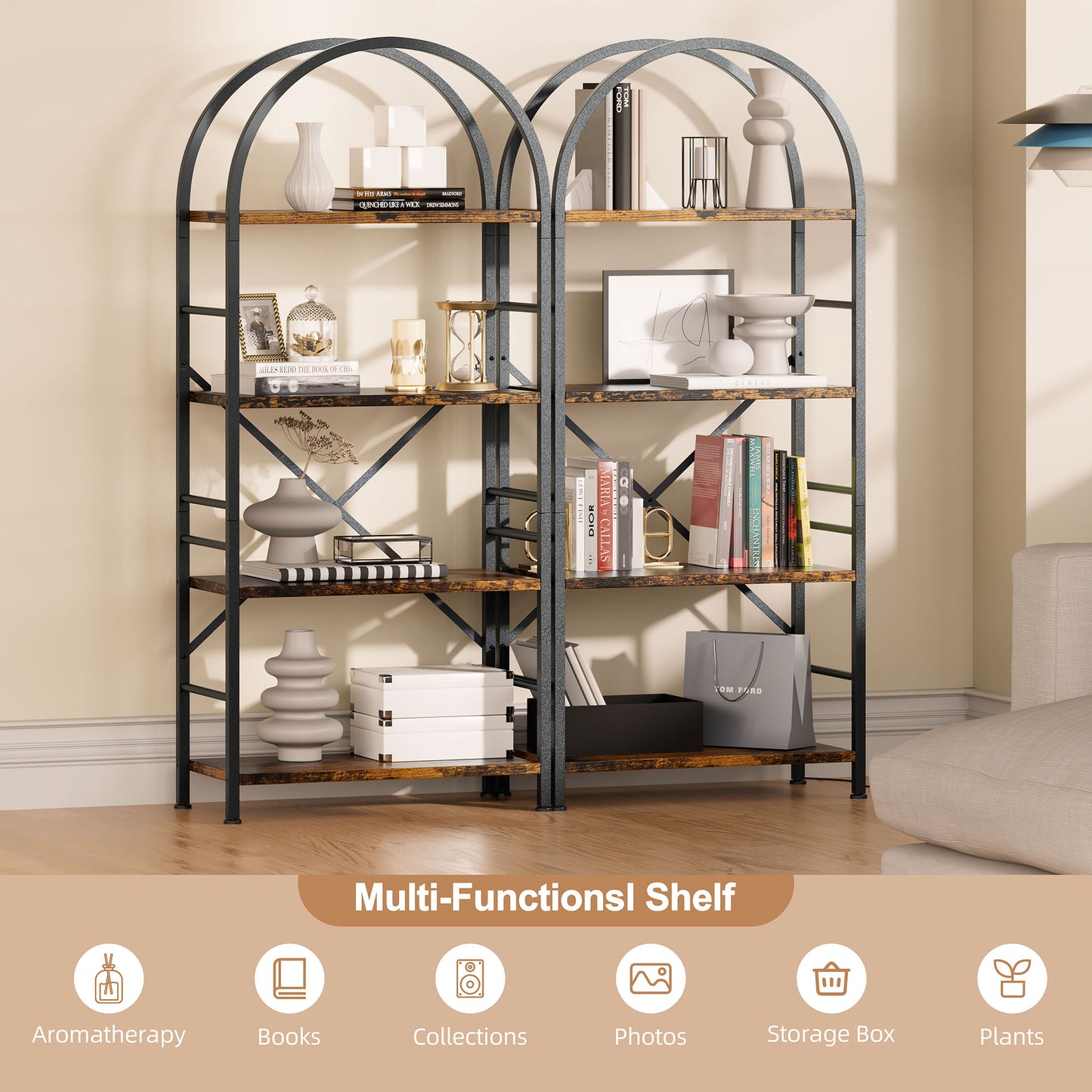 Walsunny 4-Tier Arched Bookshelf Industrial Open Storage Shelf, Display Bookshelves with Metal Frame, Rustic Wood Tall Bookcase for Living Room, Home Office,