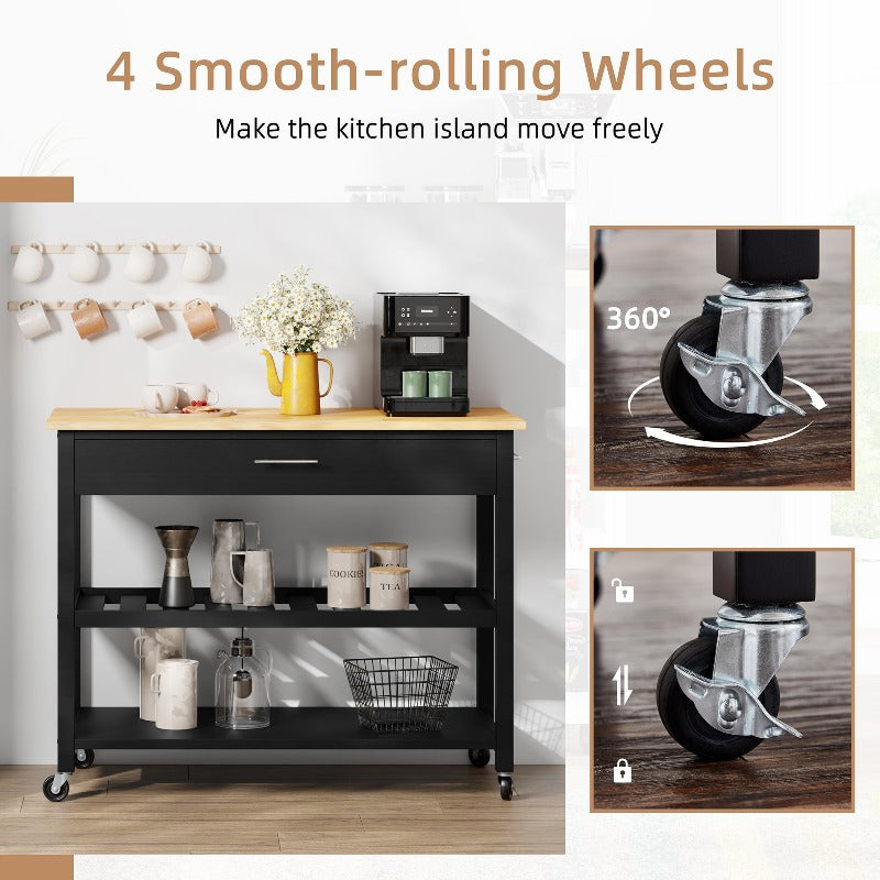 Walsunny 40‘’ Kitchen Island Storage & Bar Cart with Solid Wood Top#color_black
