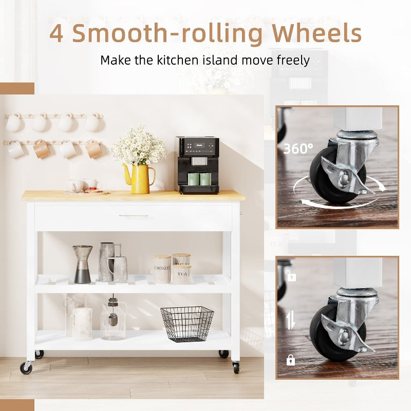 Walsunny 40‘’ Kitchen Island Storage & Bar Cart with Solid Wood Top#color_white
