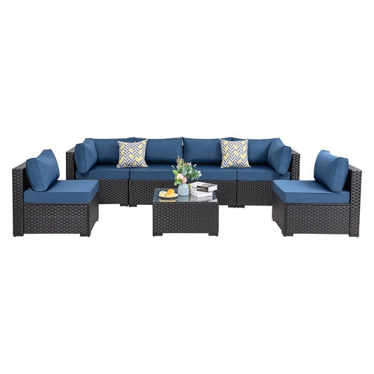 Walsunny Patio Furniture 7 Pieces Outdoor Sectional Sofa Set, Black Wicker#color_aegean-blue