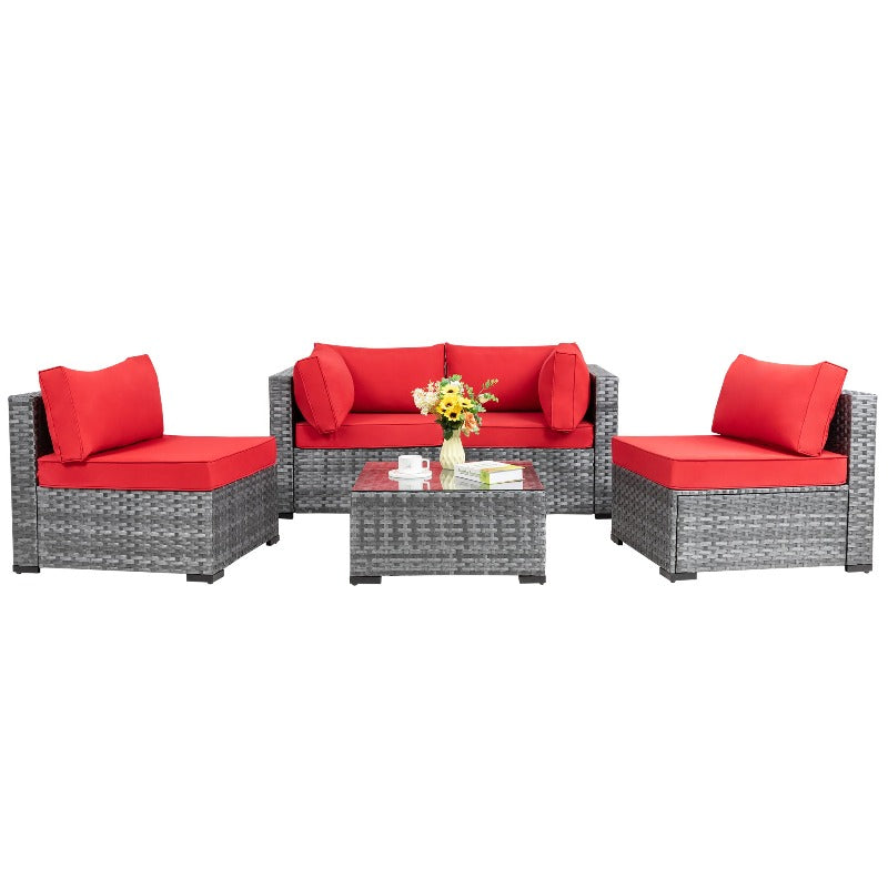 Walsunny Patio Furniture 5 Pieces Outdoor Sectional Sofa Set, Silver Wicker#color_red