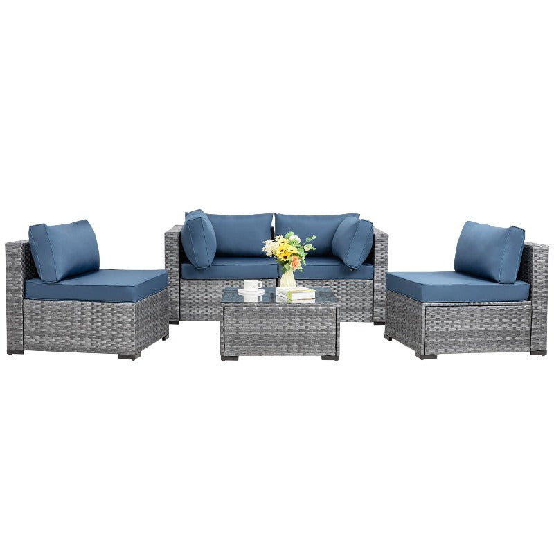 Walsunny Patio Furniture 5 Pieces Outdoor Sectional Sofa Set, Silver Wicker #color_aegean-blue