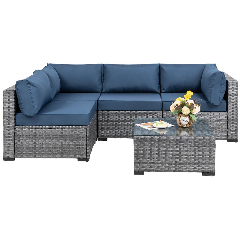 Walsunny Patio Furniture 5 Pieces Outdoor Sectional Sofa Set, Silver Wicker #color_aegean-blue