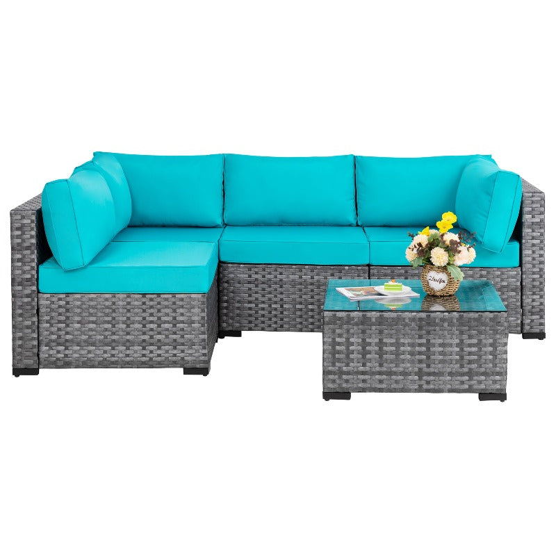 Walsunny Patio Furniture 5 Pieces Outdoor Sectional Sofa Set, Silver Wicker#color_blue