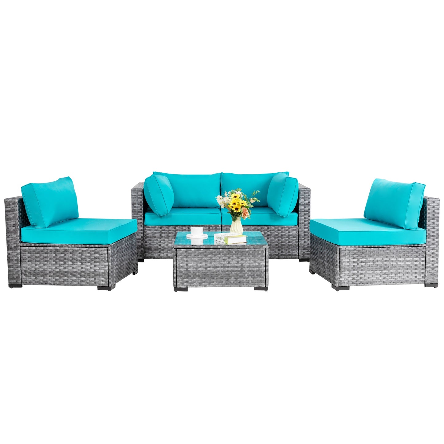 Walsunny Patio Furniture 5 Pieces Outdoor Sectional Sofa Set, Silver Wicker#color_blue