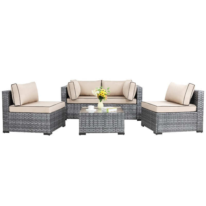 Walsunny Patio Furniture 5 Pieces Outdoor Sectional Sofa Set, Silver Wicker#color_khaki