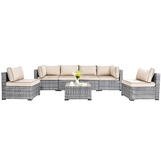 Walsunny Patio Furniture 7 Pieces Outdoor Sectional Sofa Set, Silver Wicker#color_khaki