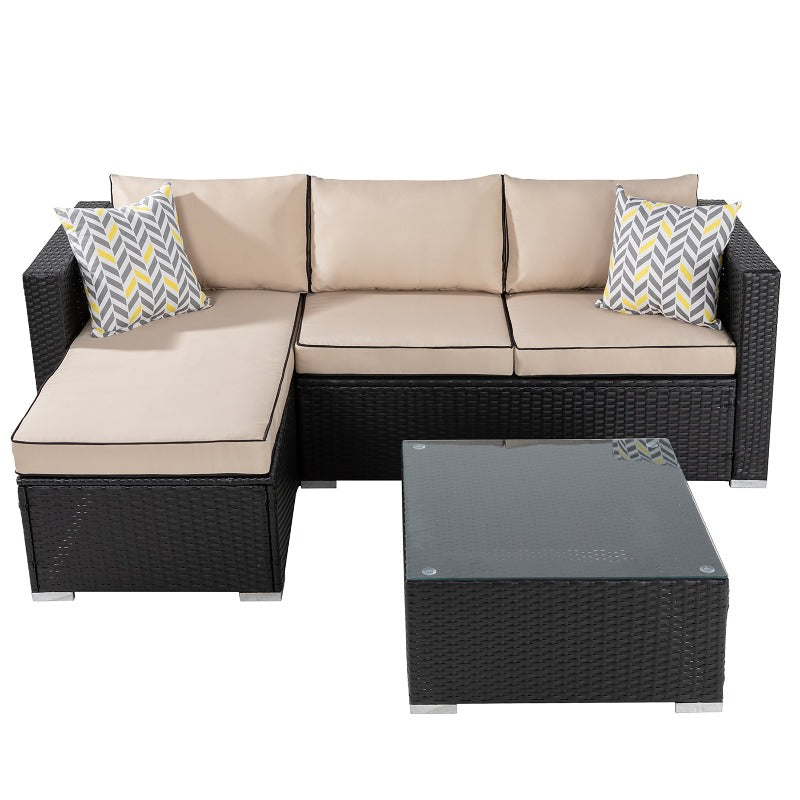 Walsunny Patio Furniture 3 Pieces Outdoor Sectional Sofa Set With Chaise, Black Wicker#color_khaki