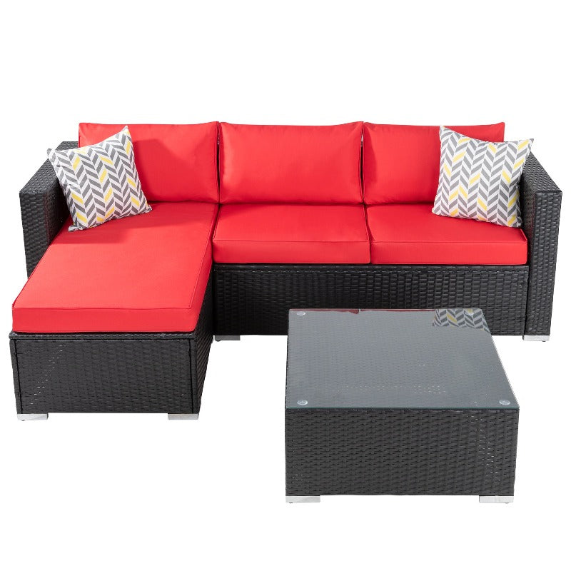 Walsunny Patio Furniture 3 Pieces Outdoor Sectional Sofa Set With Chaise, Black Wicker#color_red