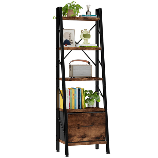 Walsunny Ladder Bookshelf Organizer, Solid Rubberwood Frame, Espresso Finish, 16.7" D x 12" W x 55.7" H