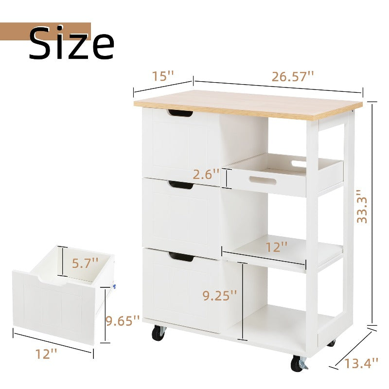 Walsunny 26.57‘’ Rolling Kitchen Island Storage & Bar Cart with Solid Wood Top#color_white