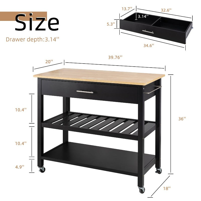 Walsunny 40‘’ Kitchen Island Storage & Bar Cart with Solid Wood Top#color_black