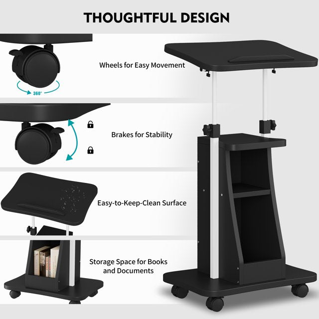 Walsunny Mobile Podium Standing Rolling Laptop Cart w/Tilt Desktop Adjustable Height Portable Computer Desk on Wheels