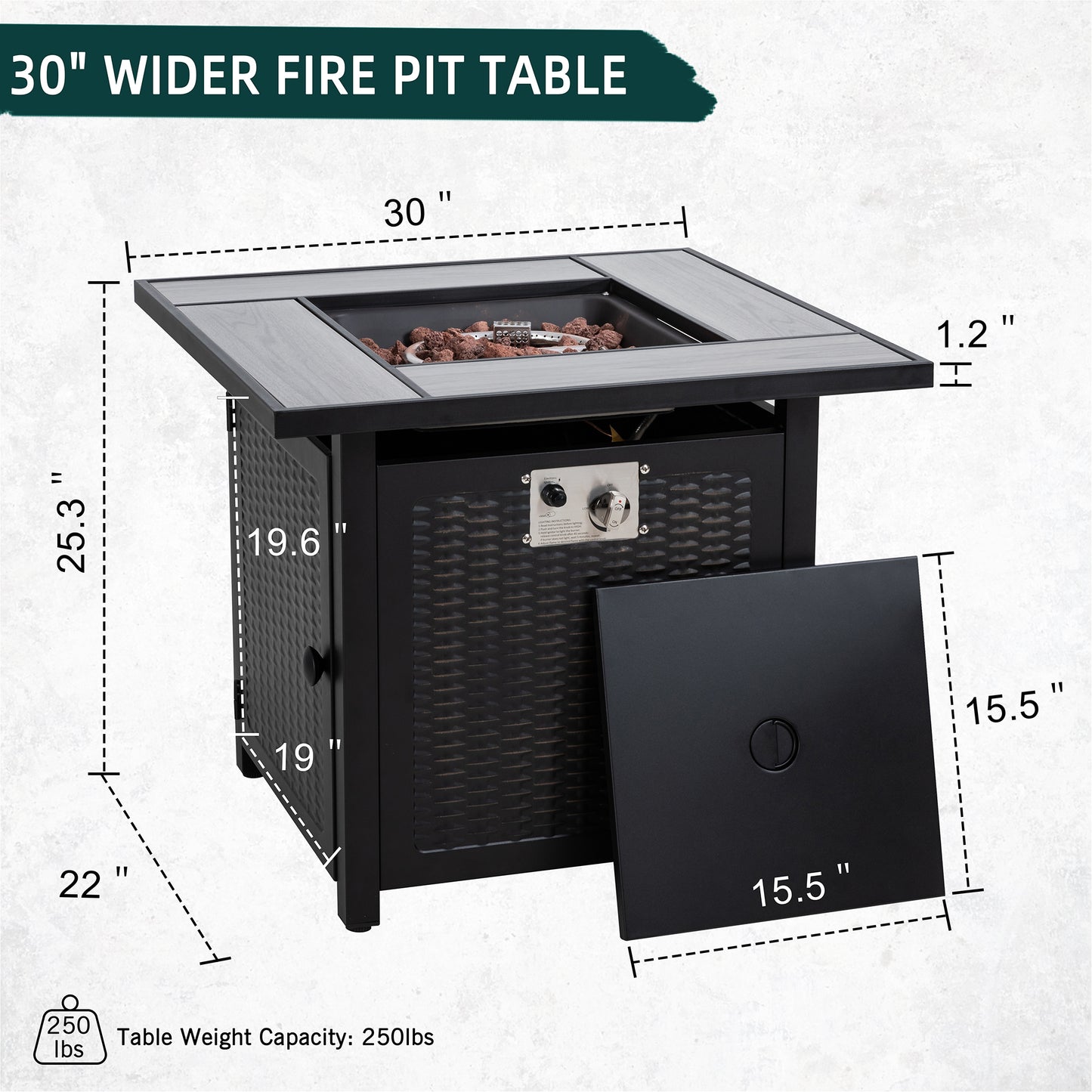 Walsunny 30" Propane Gas Fire Pit Table 40,000 BTU Square Outdoor Black