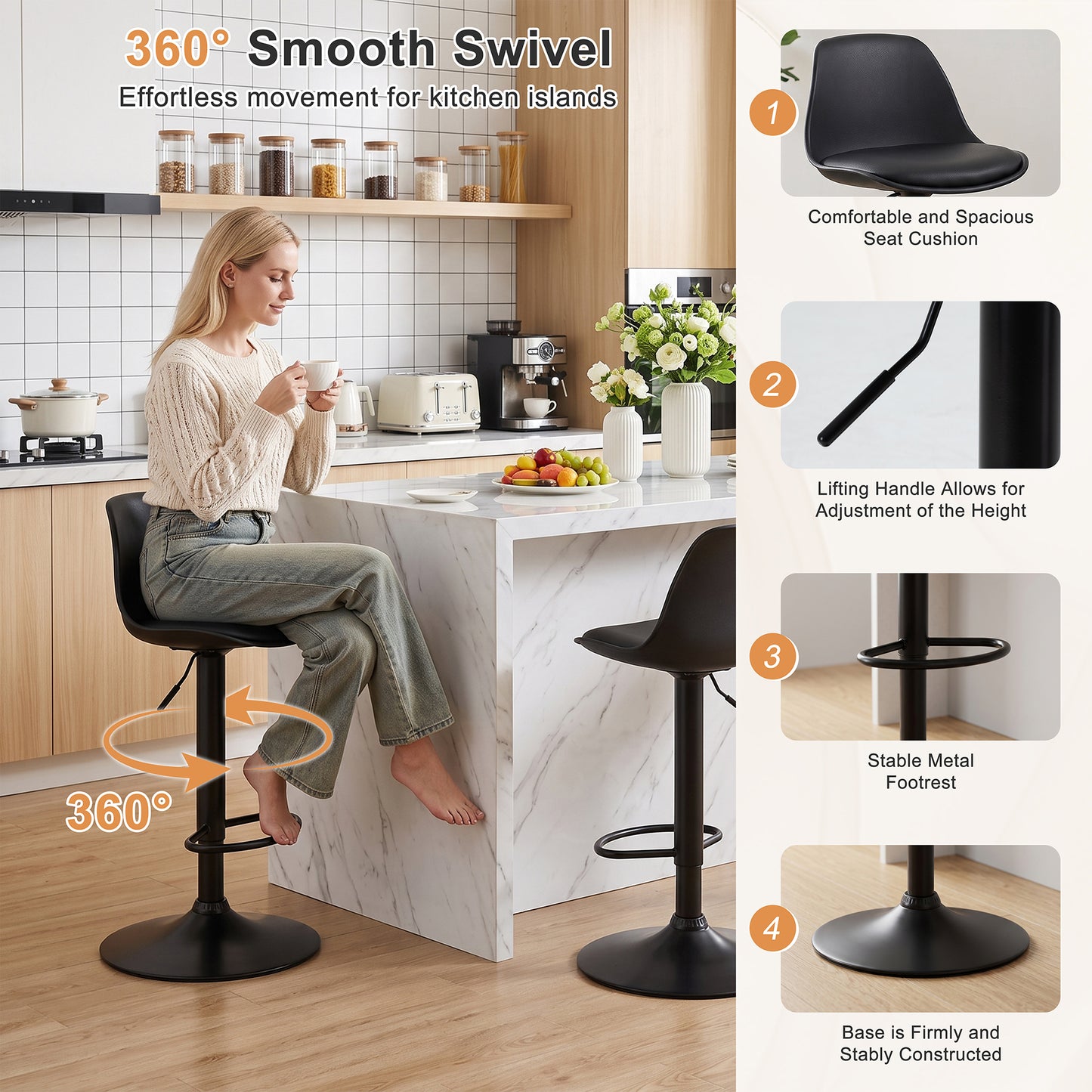 Walsunny Adjustable Bar Stools Set of 2 Counter Height Bar Chairs PU Leather Swivel Bar stools with Back for Kitchen Island Home Black