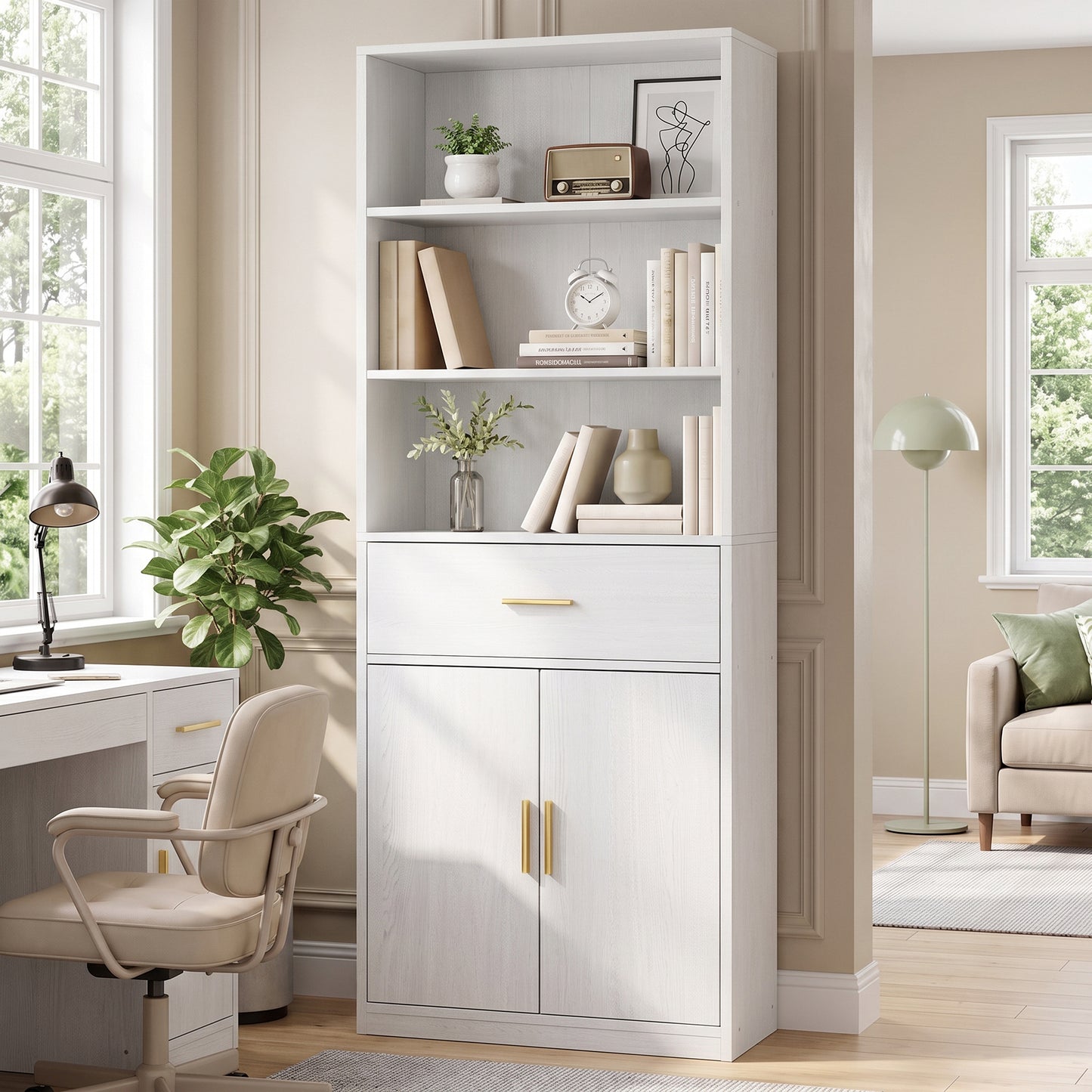Walsunny Bookshelf with Doors & Drawers, 6-tier Farmhouse Bookcase with Drawer, 71” Floor Standing Bookshelf with Door for Living Room Office