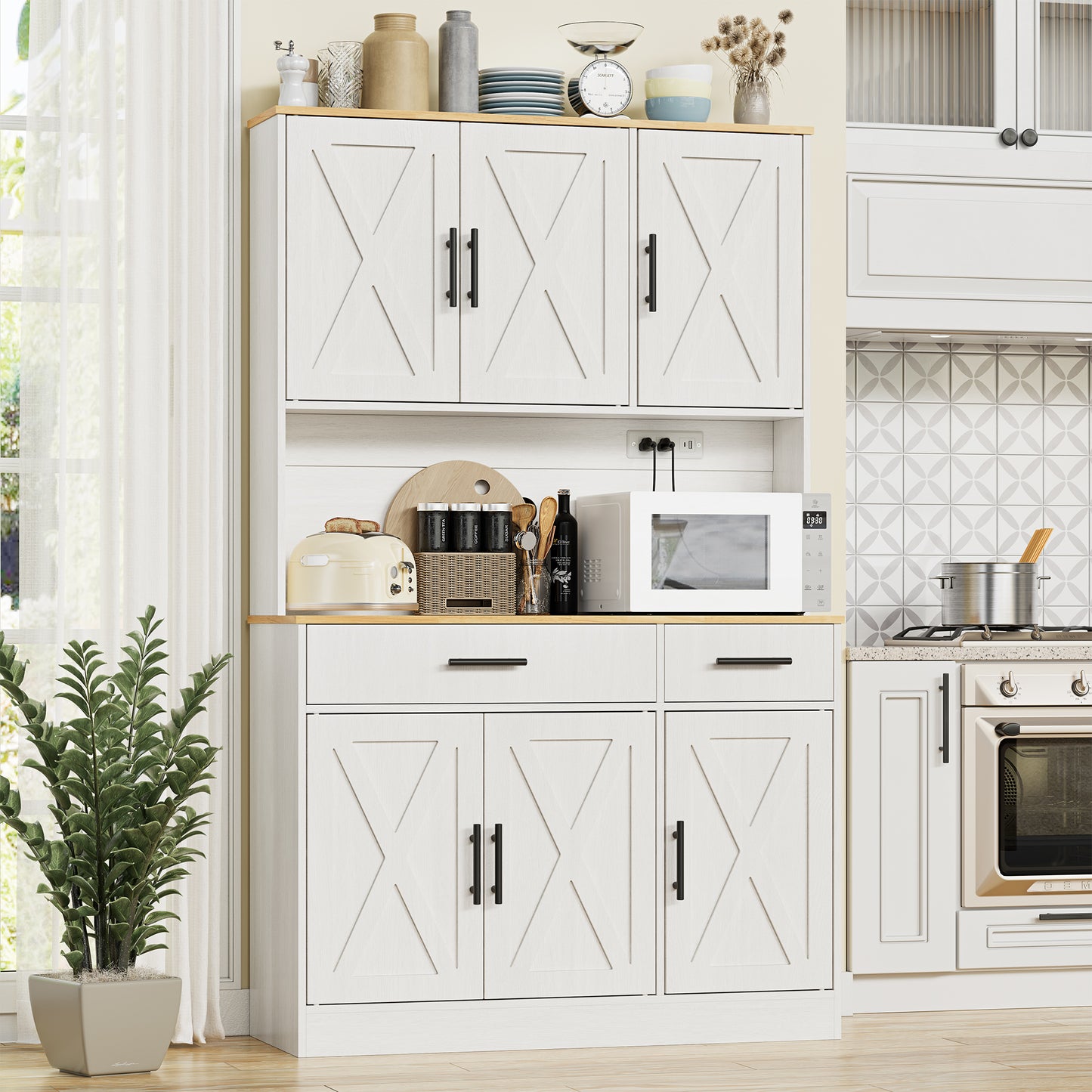 Walsunny 70"Tall Kitchen Pantry,Storage Cabinet with 41"Wide Countertop and Built-in Power Outlet,Freestanding Cupboard with Adjustable Shelves Microwave Stand for Dining Room,Kitchen