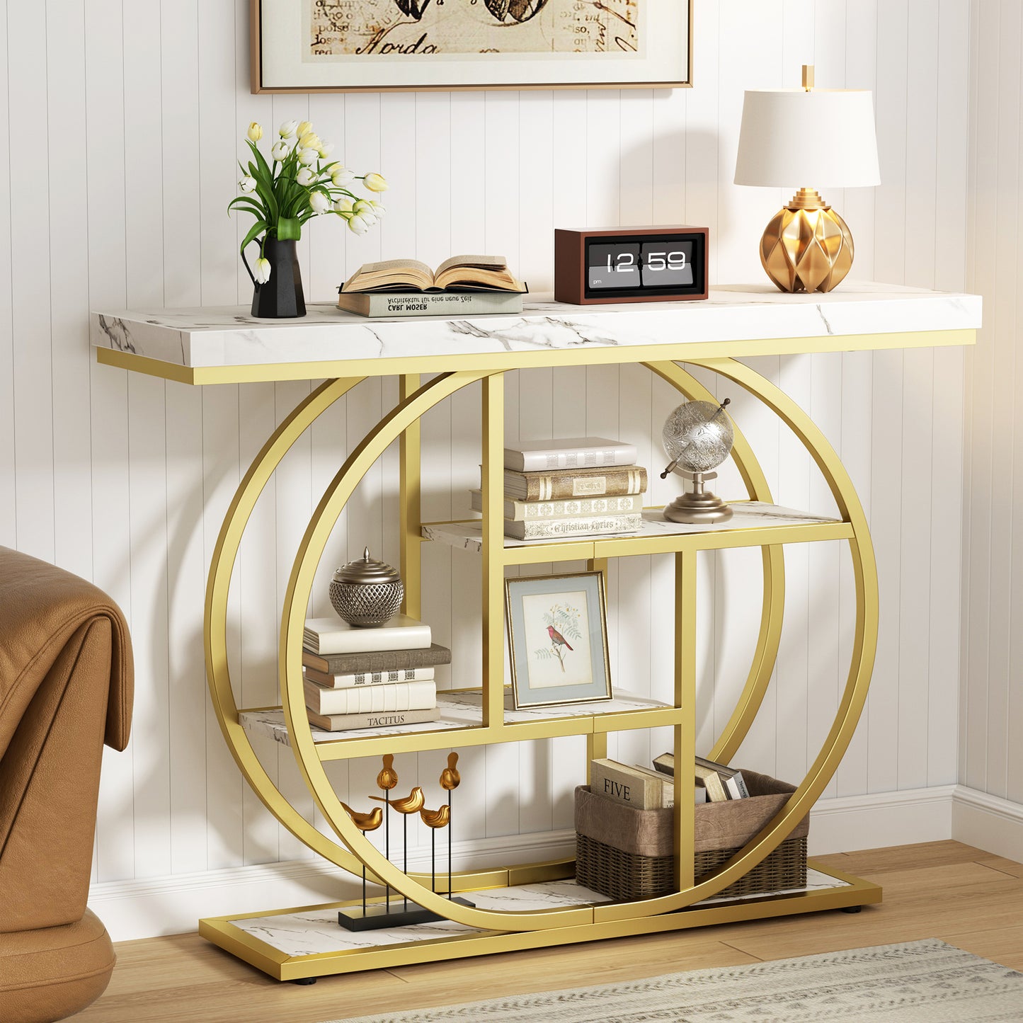 Walsunny Industrial 4-Tier Console Table, Entryway End Table with Circular Metal Frame, Narrow Wood Side Table with Storage Shelves for Living Room, Bedroom