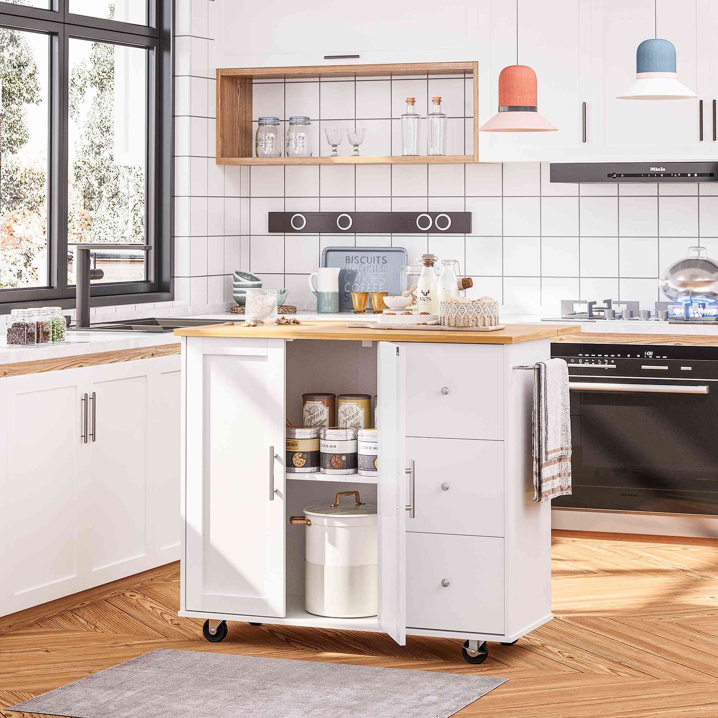 Walsunny Kitchen Island on Wheels with Storage Cabinet & Foldable Drop Leaf, 39.7" Width Rolling Kitchen Table