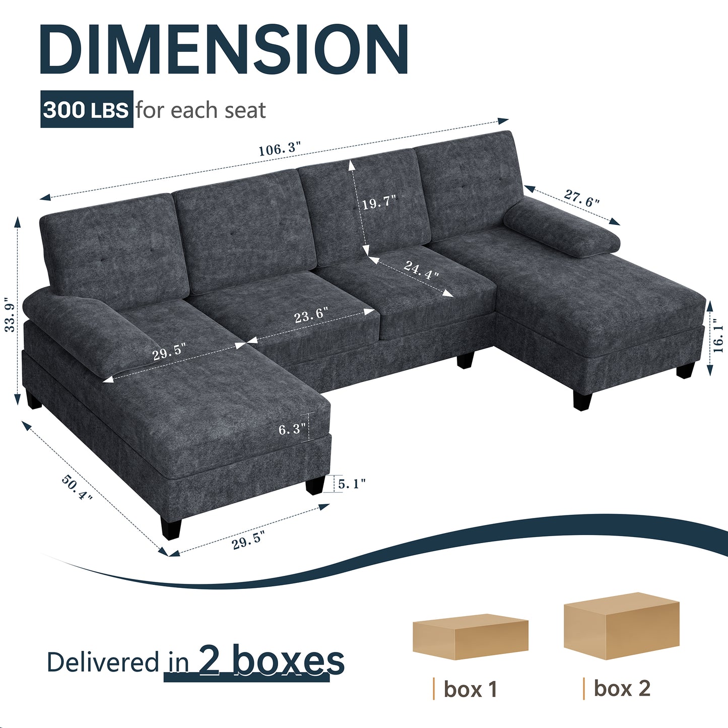 Walsunny U-Shaped Sectional Sofa Couch, 4 Seat U Shaped Oversized Clearance Sofa Set with Double Chaise for Living Room