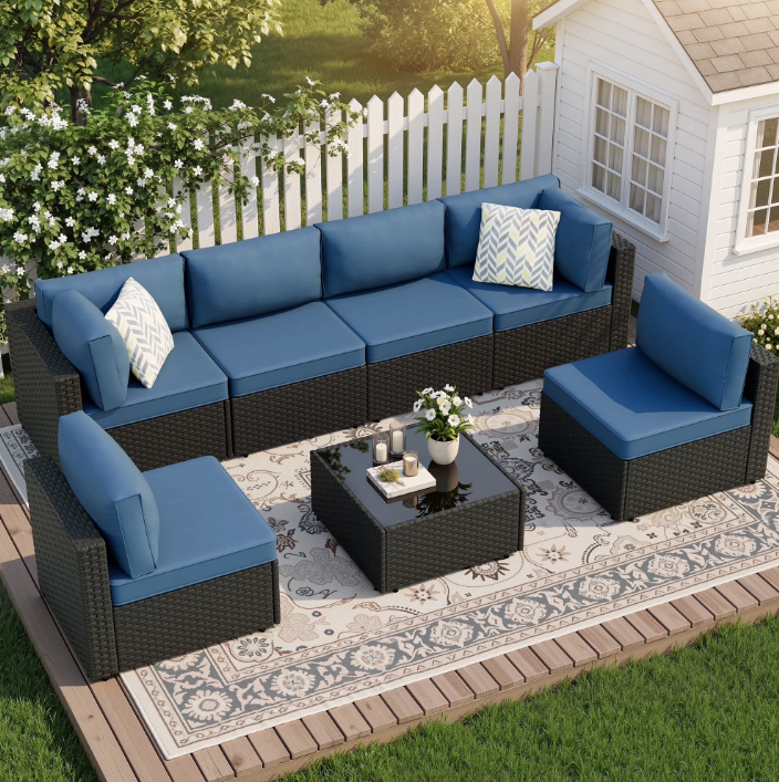 Walsunny 7 Piece Outdoor Patio Conversation Set, Rattan Sectional Sofa Set, All-Weather Outdoor Modern Sectional Furniture Wicker Couch with Glass Coffee Table