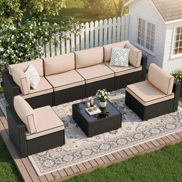 Walsunny 7 Piece Outdoor Patio Conversation Set, Rattan Sectional Sofa Set, All-Weather Outdoor Modern Sectional Furniture Wicker Couch with Glass Coffee Table