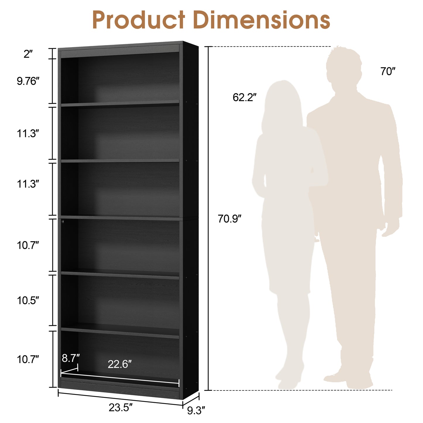 Walsunny 6 Tier Tall Bookshelf, Wooden Bookcase Display Shelf, Space-Saving Bookshelves with Deep Storage for Living Room, Office, Library