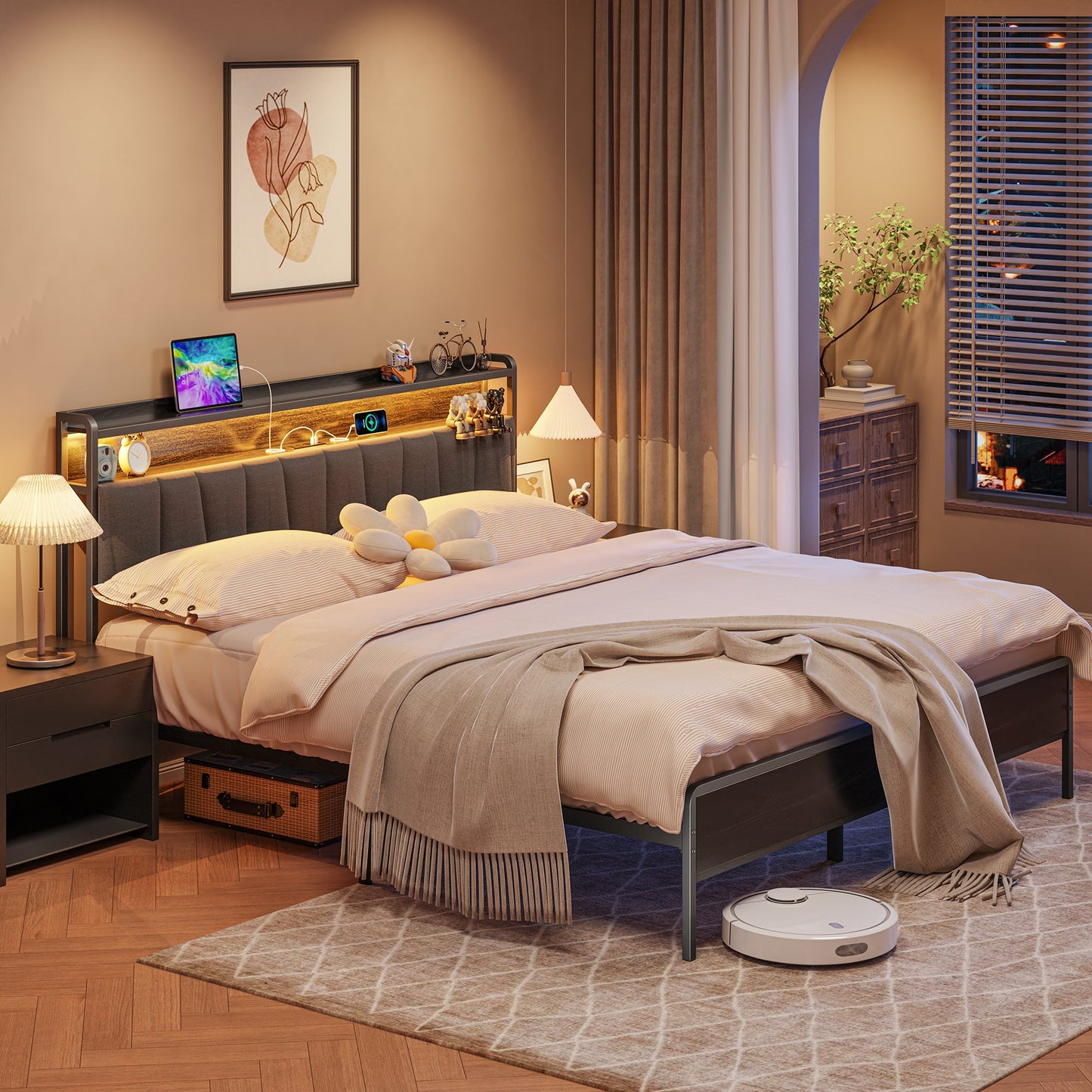 Walsunny Bed Frame with Led Light and Drawers Metal Platform Bed with Button Tufted Headboard Strong Metal Slats