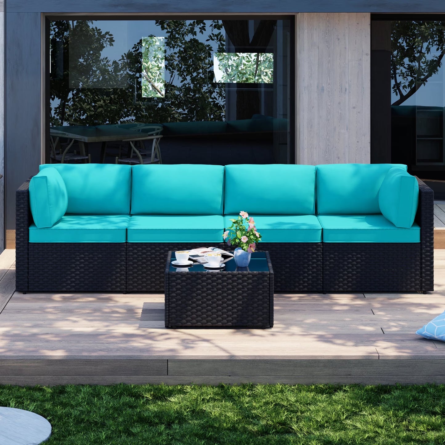 Walsunny 5 Pieces Outdoor Furniture Patio Sectional Sofa Set, Wicker Rattan Conversation Sets with Cushions and Glass Table, Silver Rattan Blue Cushions