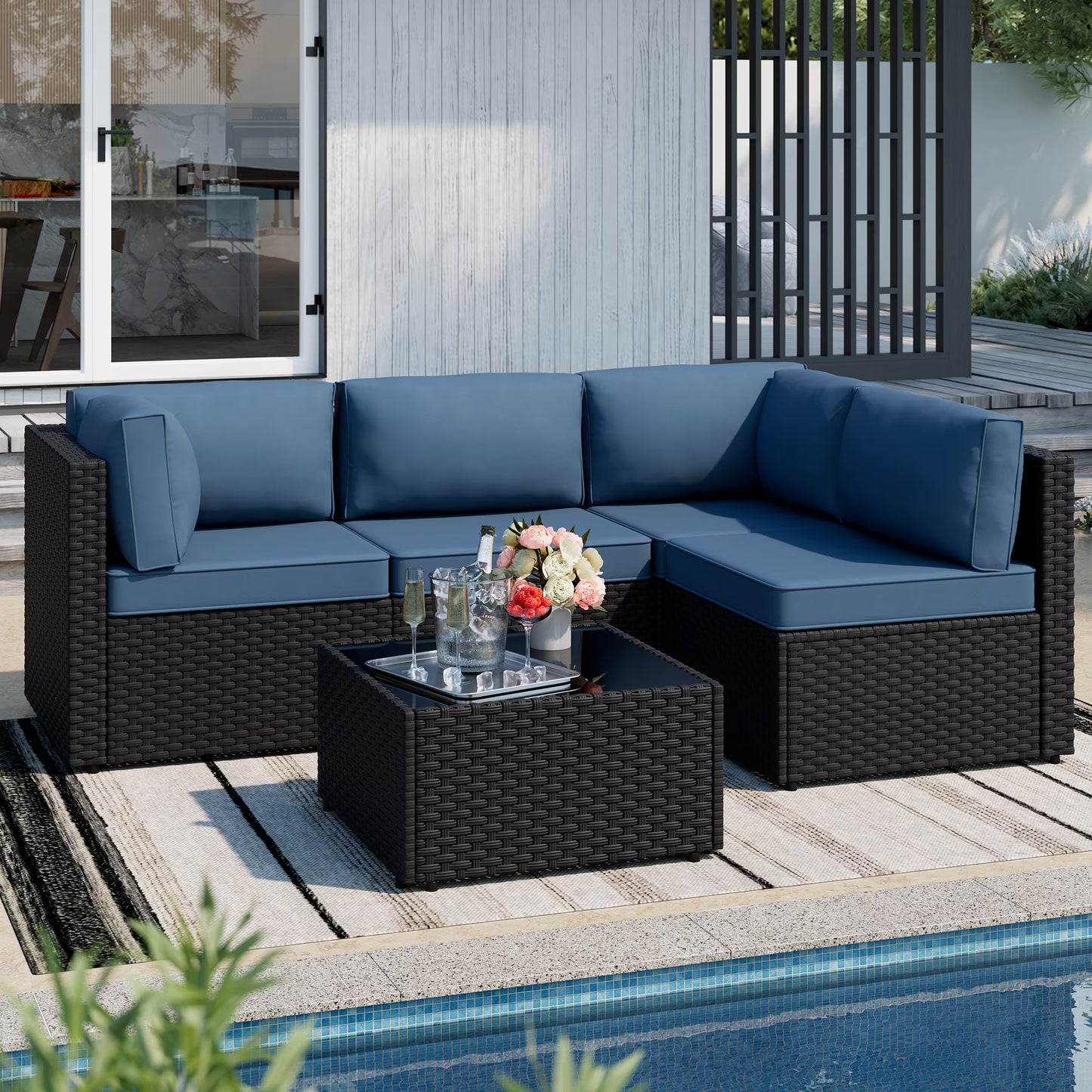Walsunny 5 Pieces Outdoor Furniture Patio Sectional Sofa Set, Wicker Rattan Conversation Sets with Cushions and Glass Table, Silver Rattan Blue Cushions