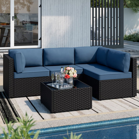 Walsunny 5 Pieces Outdoor Furniture Patio Sectional Sofa Set, Wicker Rattan Conversation Sets with Cushions and Glass Table, Silver Rattan Blue Cushions