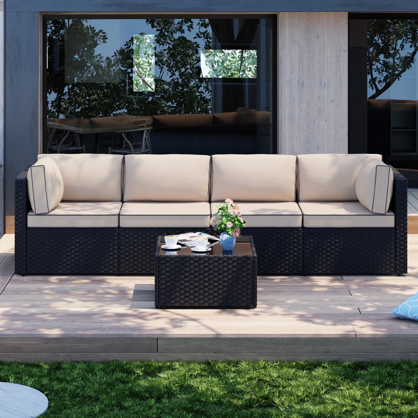 Walsunny 5 Pieces Outdoor Furniture Patio Sectional Sofa Set, Wicker Rattan Conversation Sets with Cushions and Glass Table, Silver Rattan Blue Cushions