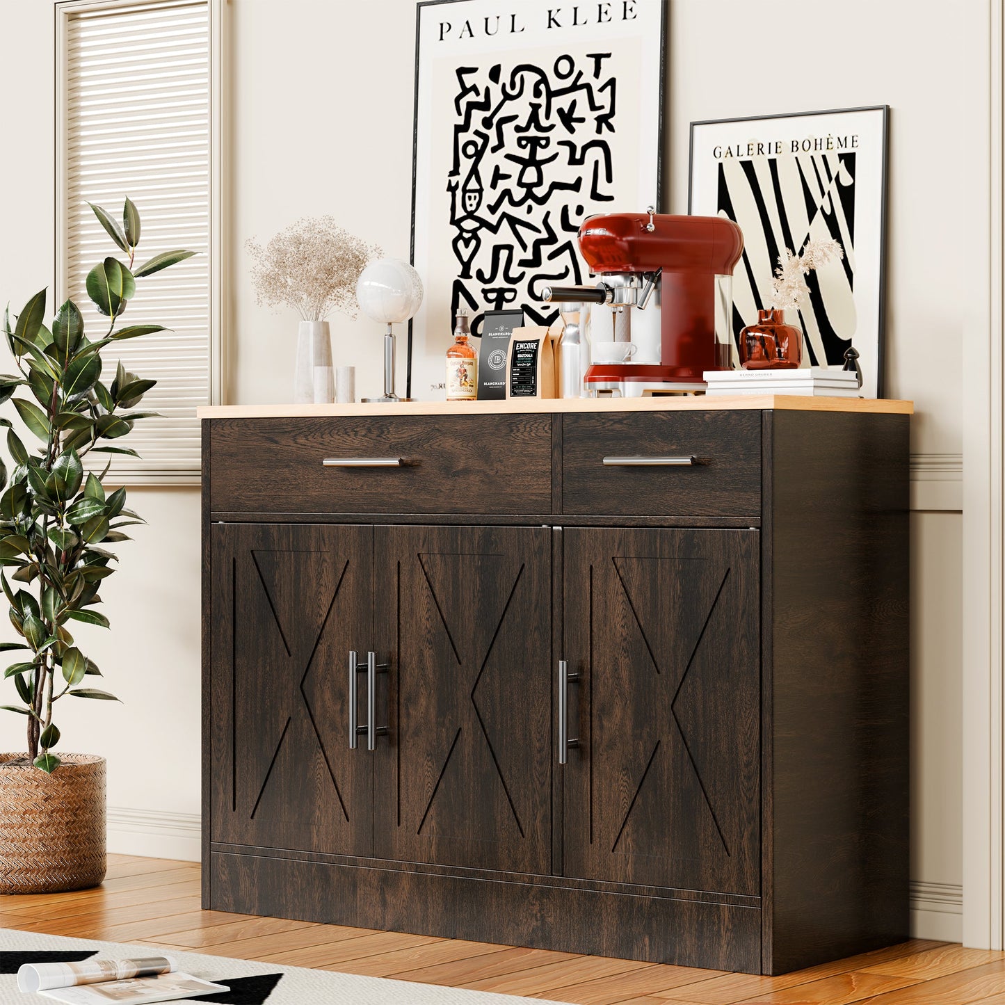 Walsunny Kitchen Buffet Sideboard Cabinet with Adjustable Shelf,Wooden Storage Cabinet with 3 Doors and 2 Drawers,Modern Farmhouse Coffee Bar Cabinet with Storage for Kitchen/Living Room