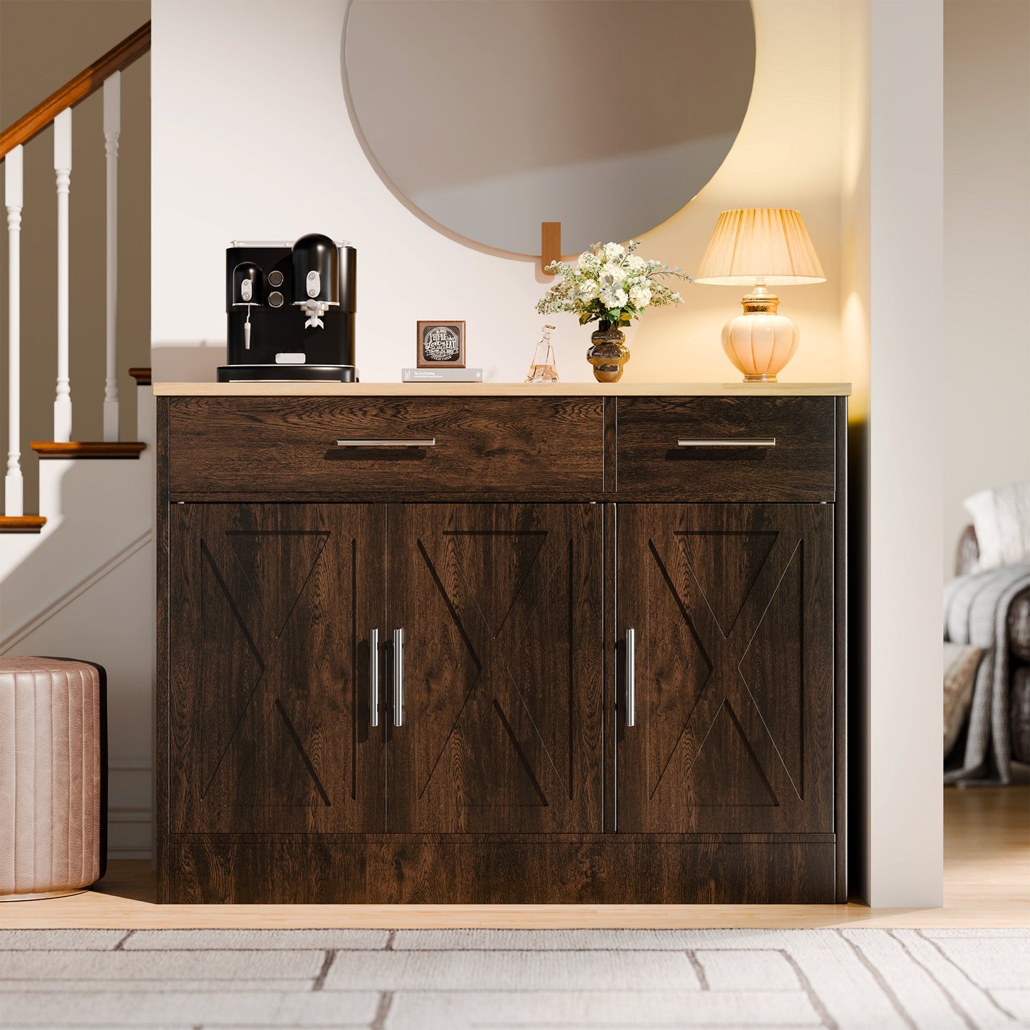 Walsunny Kitchen Buffet Sideboard Cabinet with Adjustable Shelf,Wooden Storage Cabinet with 3 Doors and 2 Drawers,Modern Farmhouse Coffee Bar Cabinet with Storage for Kitchen/Living Room