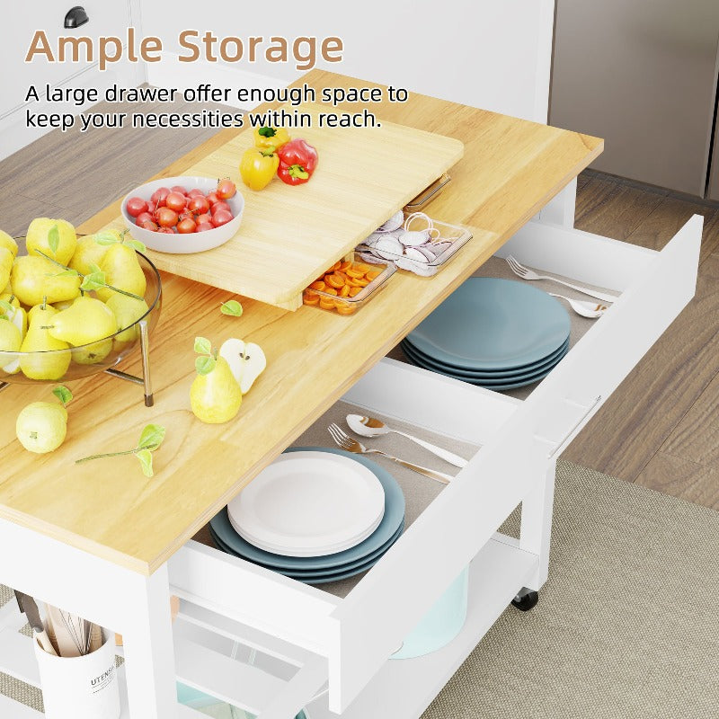 Walsunny 40‘’ Kitchen Island Storage & Bar Cart with Solid Wood Top#color_white