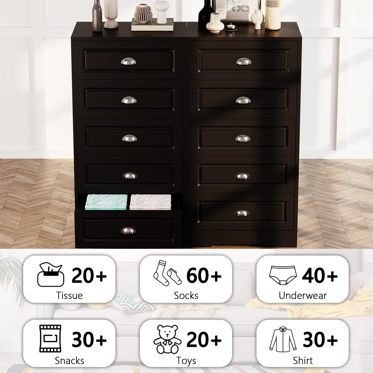 Walsunny 5 Drawer White Vertical Dresser Modern Storage Cabinet with Handle-Drawer Chest Wood Organizer for Living Room