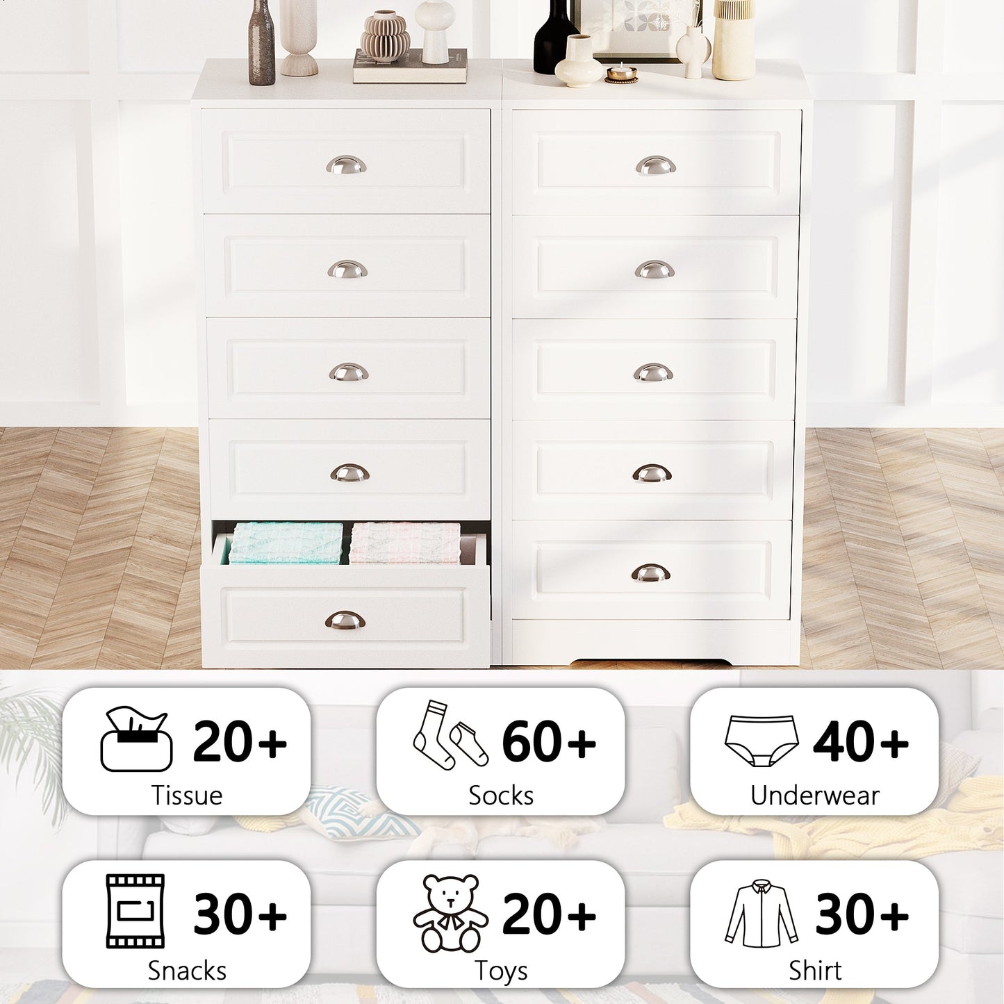 Walsunny 5 Drawer White Vertical Dresser Modern Storage Cabinet with Handle-Drawer Chest Wood Organizer for Living Room