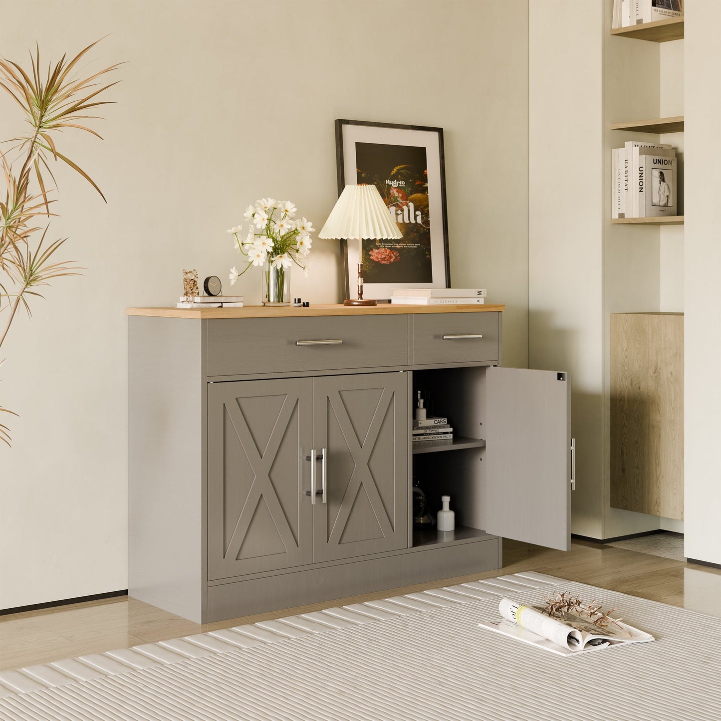 Walsunny Kitchen Buffet Sideboard Cabinet with Adjustable Shelf,Wooden Storage Cabinet with 3 Doors and 2 Drawers,Modern Farmhouse Coffee Bar Cabinet with Storage for Kitchen/Living Room