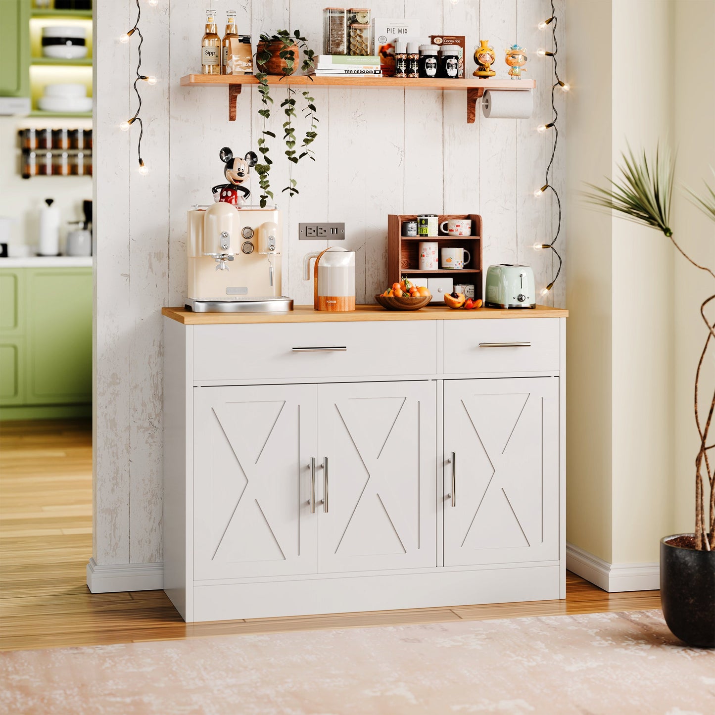 Walsunny Kitchen Buffet Sideboard Cabinet with Adjustable Shelf,Wooden Storage Cabinet with 3 Doors and 2 Drawers,Modern Farmhouse Coffee Bar Cabinet with Storage for Kitchen/Living Room