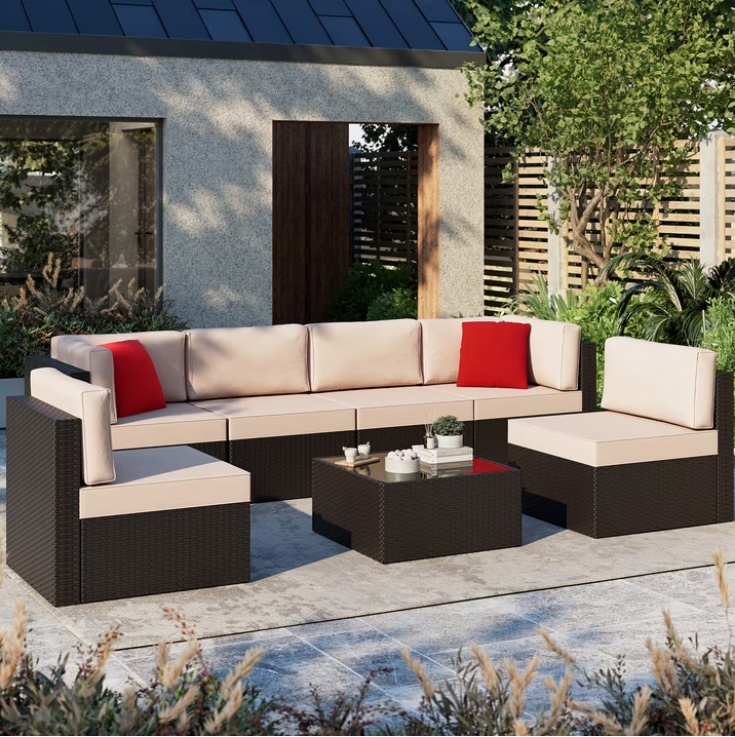 Patio Furniture Set, Walsunny 7 Piece All Weather Outdoor Sectional Sofa, Wicker Patio Conversation Set with Cushions and Tempered Glass Table for Backyard Porch